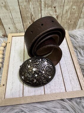 Fossil Genuine Leather Brown Belt Western Floral Buckle Rhinestones Medium